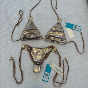 Beach Bunny Gold Sirens Metallic Sequin Bikini - XL Top & Small Bottom